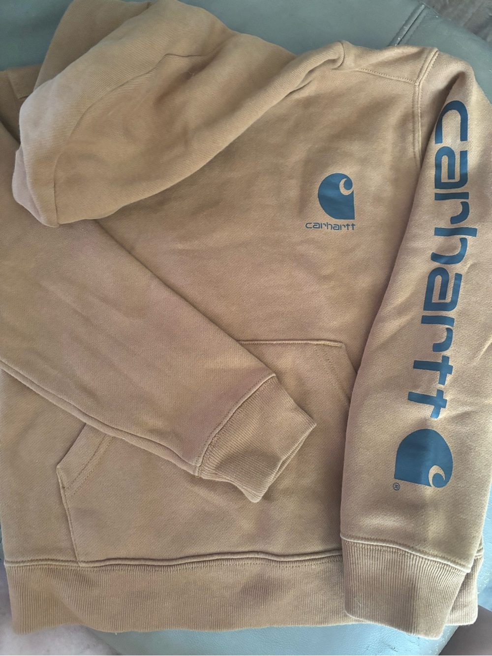 Carhartt Tan Hoodie with Blue Logo Sleeve and Chest Graphics